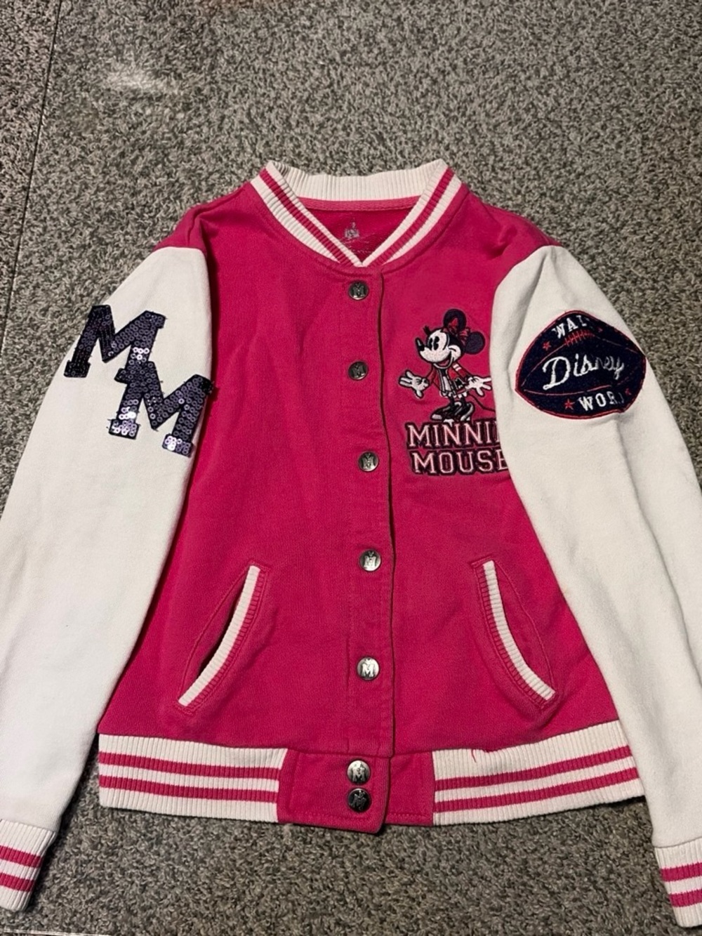 Disney Minnie Mouse Hot Pink and White Girls' Letterman Jacket, size medium